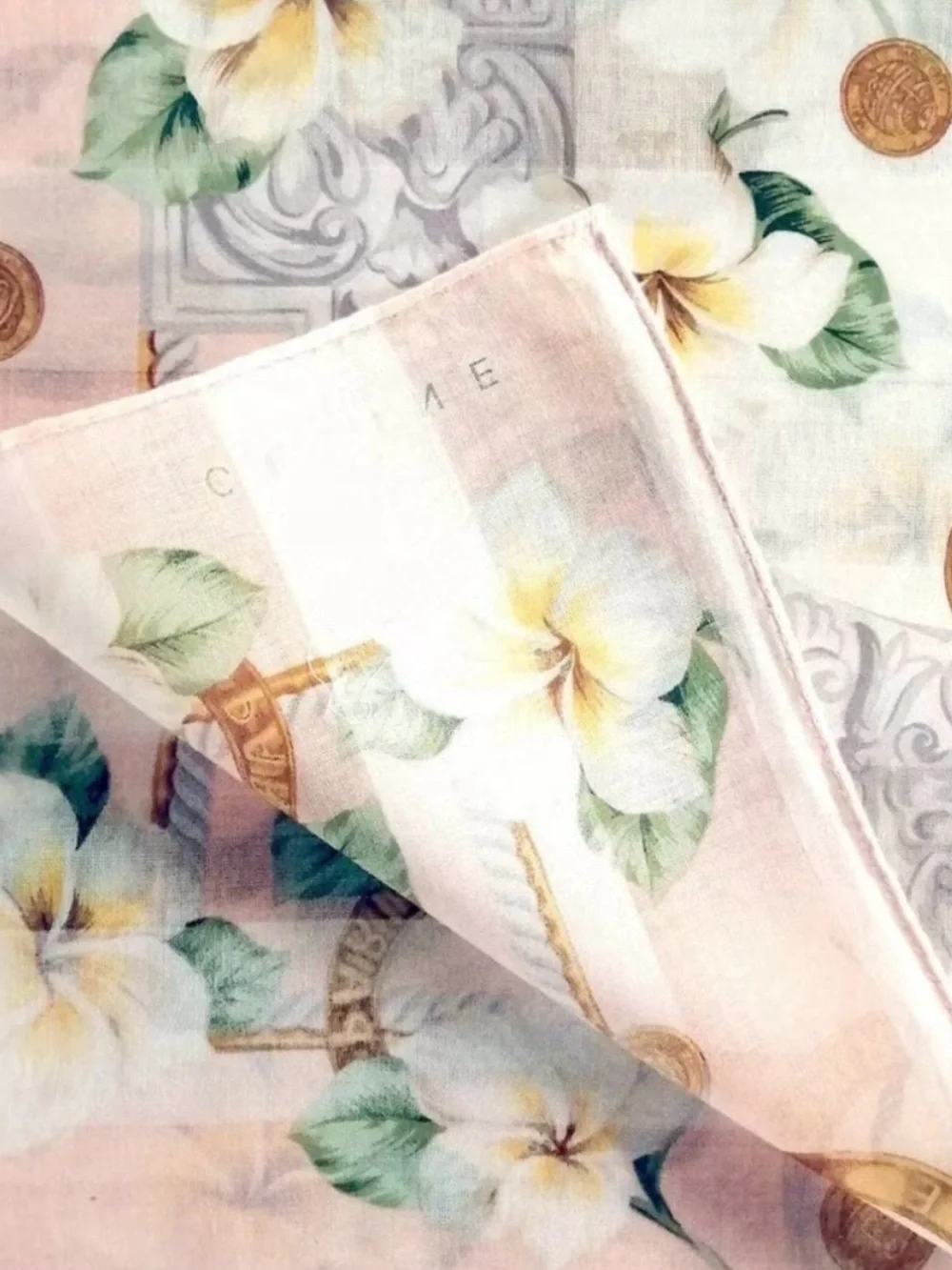 EUC Celine Paris Vintage Handkerchief White Plumeria - Coin and Ring